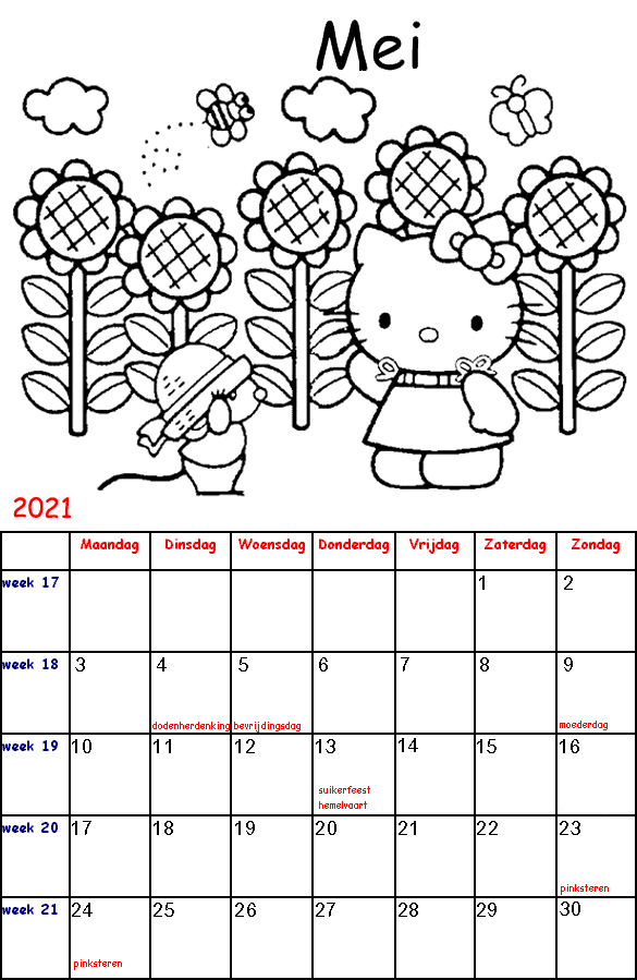 Kleurplaten voor kinderen: Hello Kitty kalender 2021